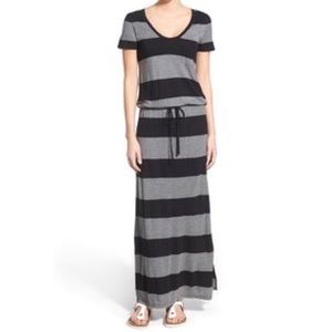 Caslon Striped Maxi Dress Black and Gray Drawstring Waist Medium
